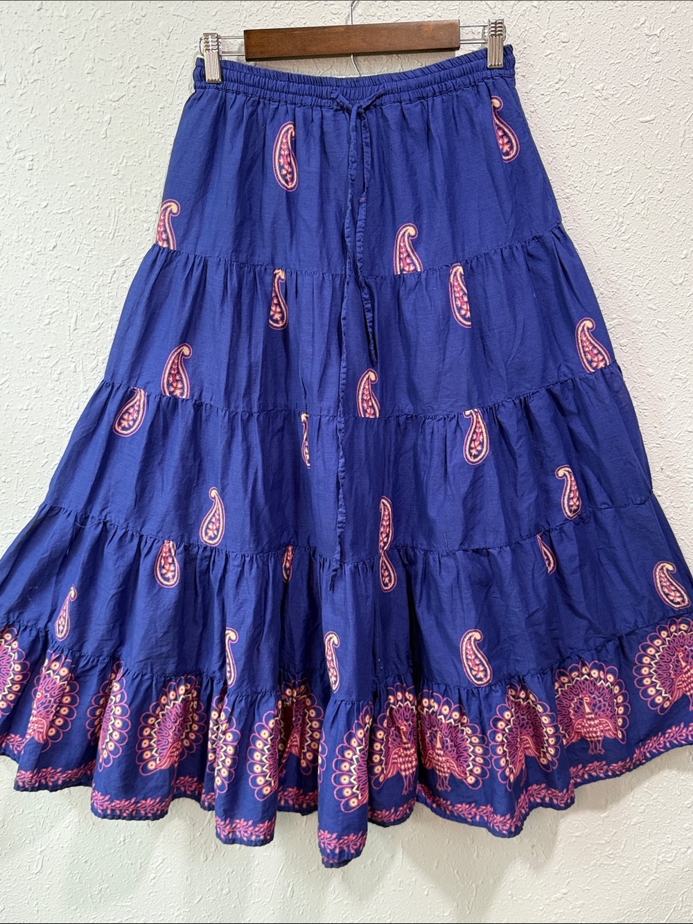 Vintage Millenium Boho Paisley Peacock Print Maxi Skirt Royal Blue Size S